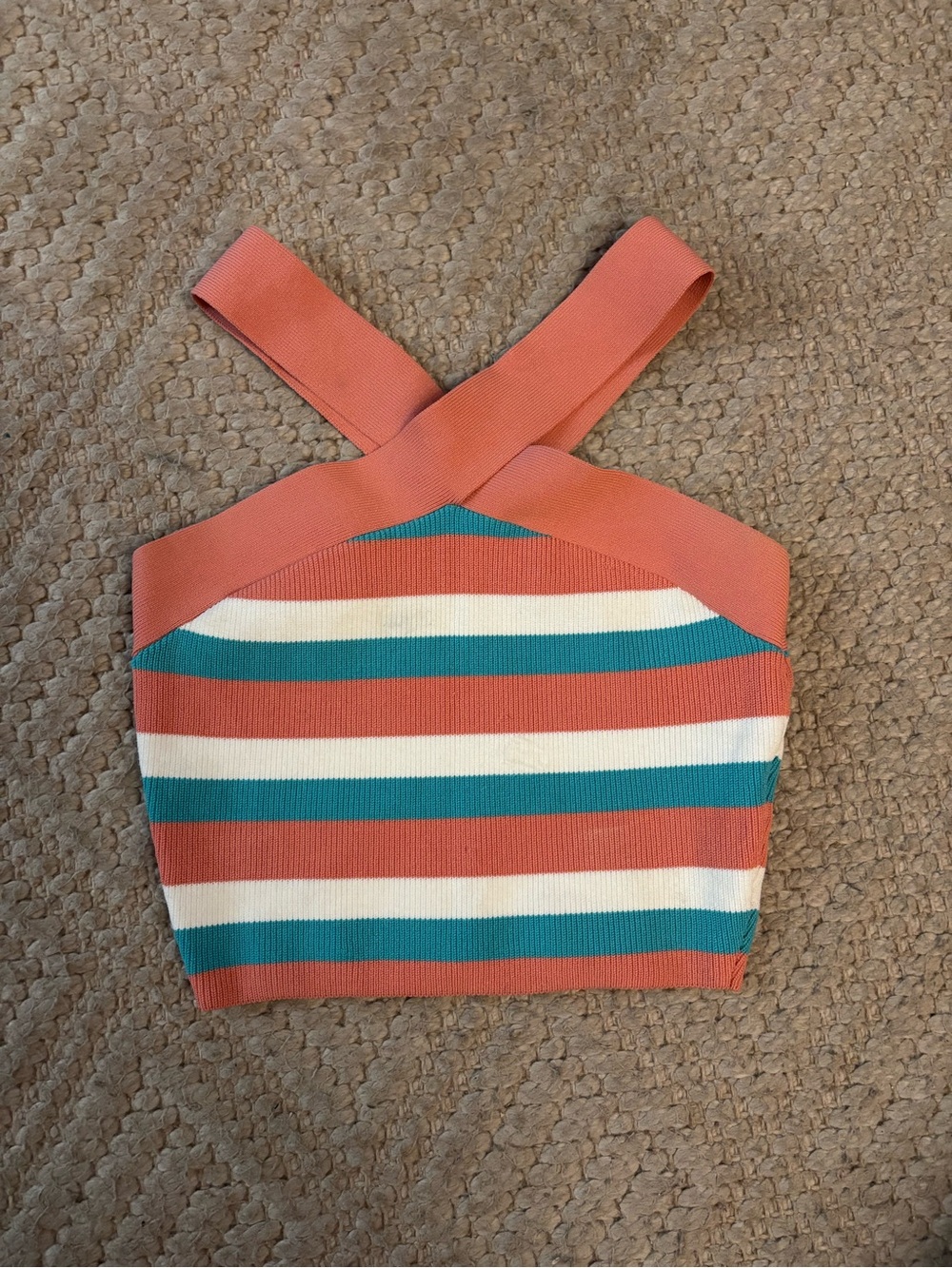 Babaton Striped Cross-Back Crop Top - Coral, Teal & White